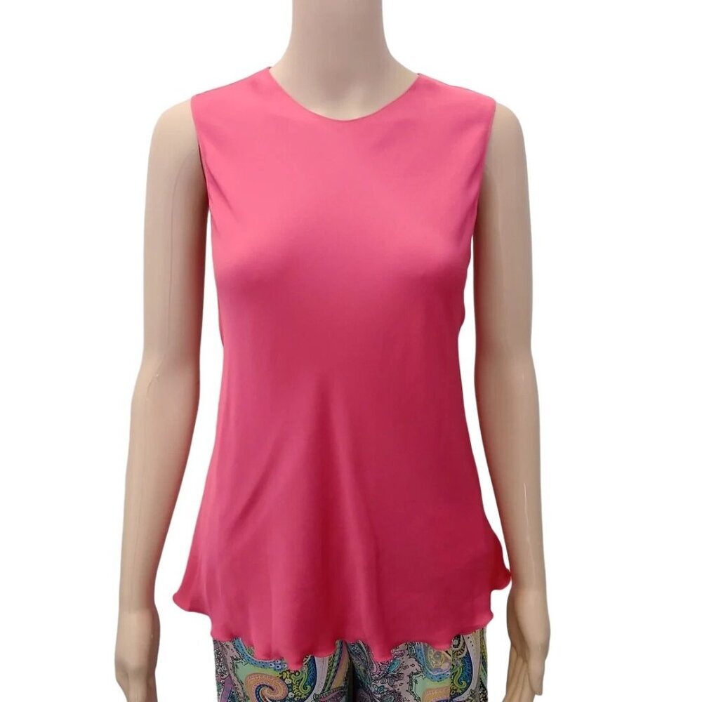 Theory Watermelon Core Silk Sleeveless Ruffle Trim Shell Top